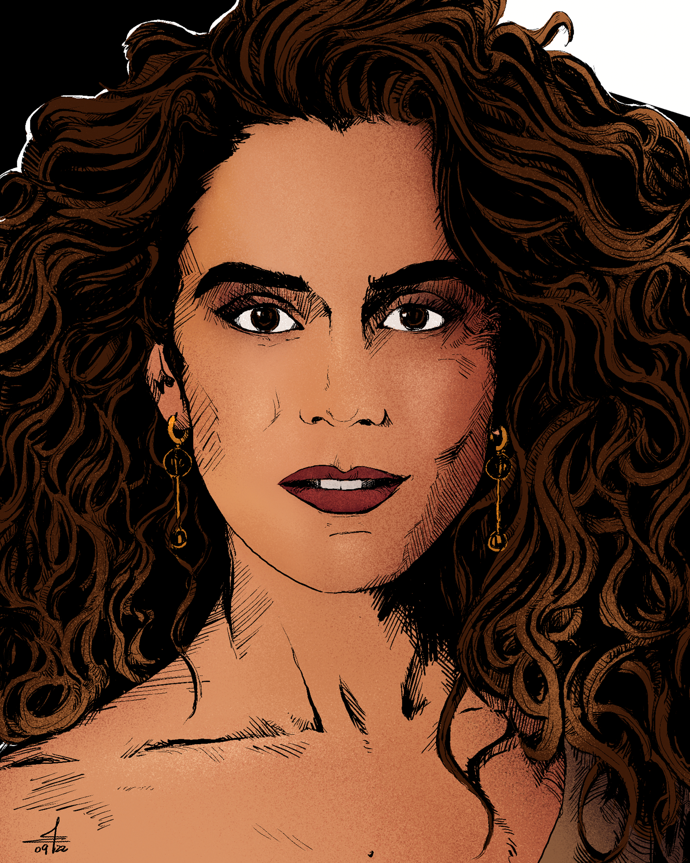 colored portrait drawing of actress sepideh moafi, drawn by dominique